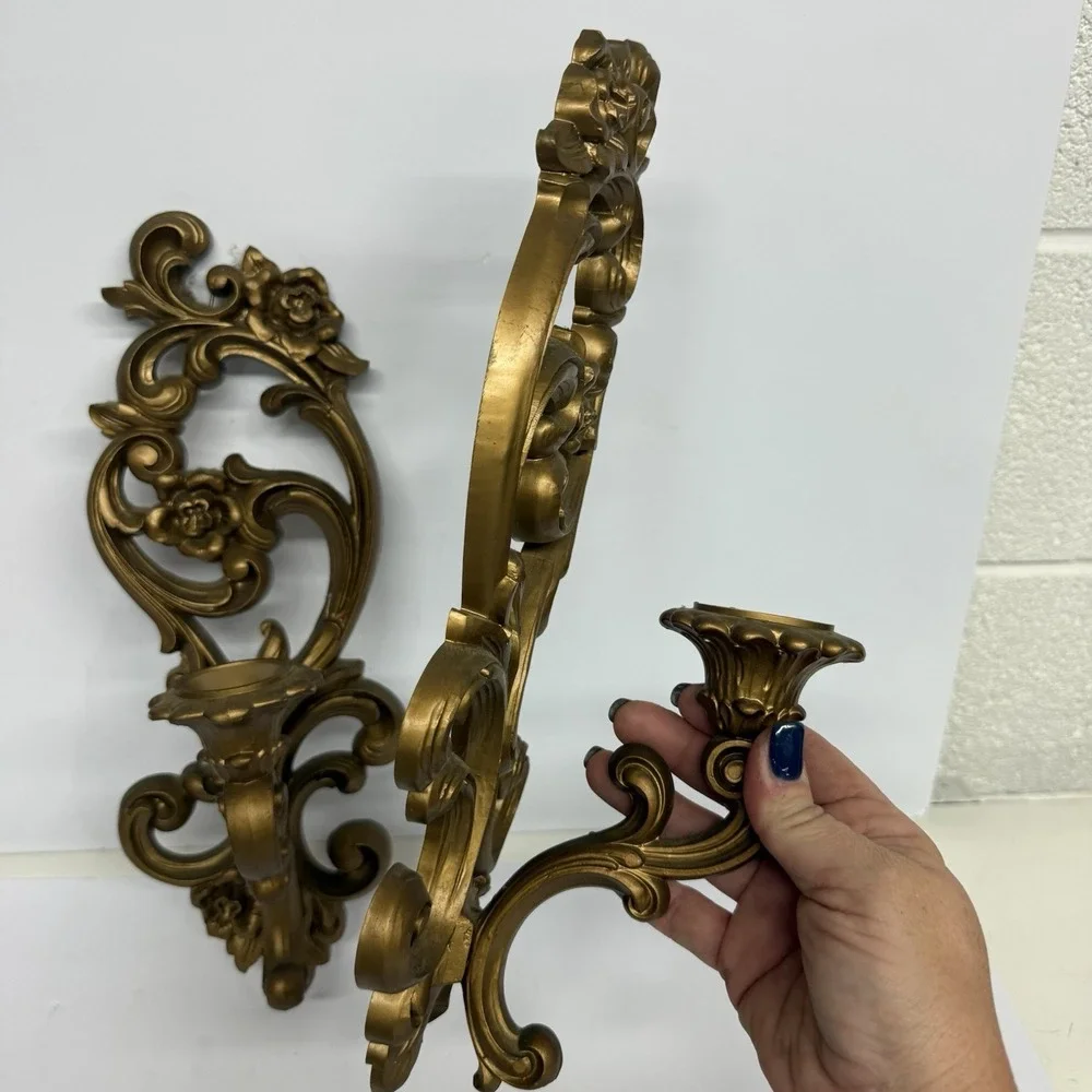 2 Vintage Homco Syroco Ornate Wall Sconce Candle Holder Floral Hollywood Regency